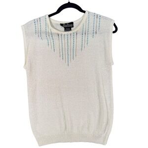 Mid‎ Century Dalton Ivory Beaded Knit Shell Sleeveless Top 10–12 Quiet Luxury